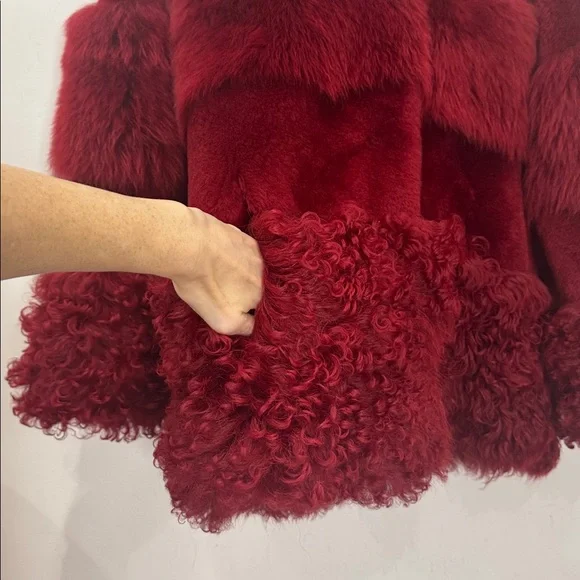 NWT Nour Hammour Aimée Shearling Fur Coat in Crimson/Oxblood red